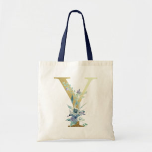 Gouden Monogram Letter Y Blauwe Aquarel Bloemen Tote Bag