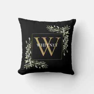 Gouden Monogram Moderne Groene Bladeren Zwart Kussen