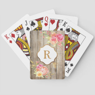 Gouden Monogram op Roze Bloemen Rustieke Hout Pokerkaarten
