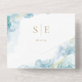 Gouden Monogram QR Code Blauwe Waterverf Bruiloft All In One Uitnodiging (Achterkant)