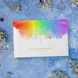 Gouden Monogram Regenboog Waterverf LGBTQ Wedding Gastenboek