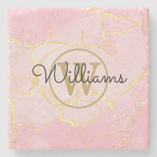 Gouden Monogram Roze Agat Geode Stenen Onderzetter