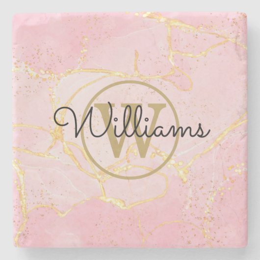 Gouden Monogram Roze Agat Geode Stenen Onderzetter (Voorkant)
