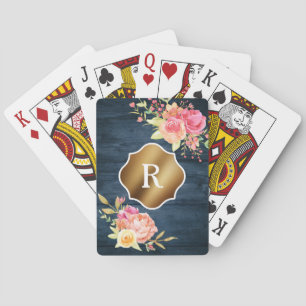 Gouden Monogram Roze Bloemen Rustieke Marine Hout Pokerkaarten