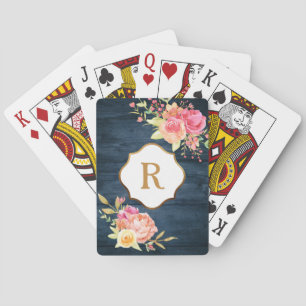 Gouden Monogram Roze Bloemen Rustieke Marine Hout Pokerkaarten