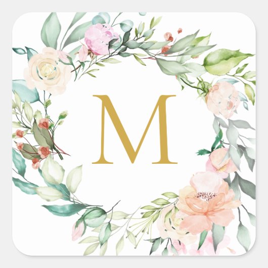 Gouden Monogram Rozen Garland Floral Vierkante Sticker (Voorkant)