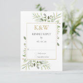 Gouden Monogram Waterverf Groen Bruiloft RSVP Kaartje (Staand voorkant)