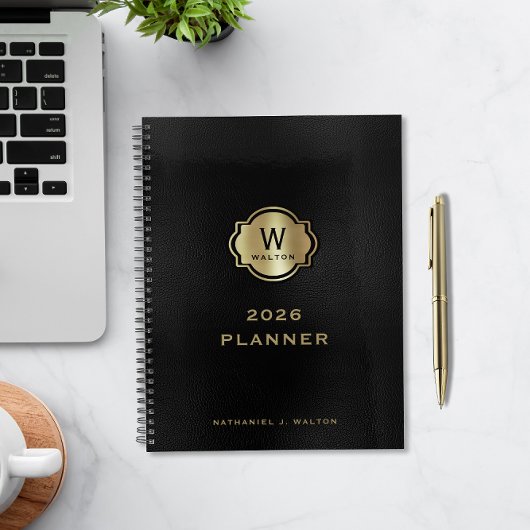 Gouden Monogram Zwarte Leer Look Planner