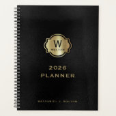 Gouden Monogram Zwarte Leer Look Planner (Voorkant)