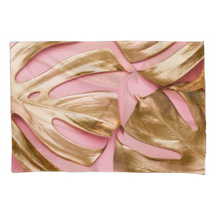 Gouden Monstera bladeren: pastelroze. Kussensloop