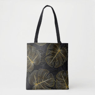 Gouden monstera bladeren, romantisch naadloos bloe draagtas
