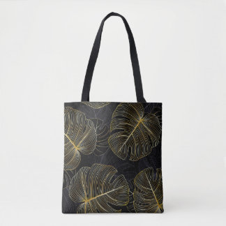 Gouden monstera bladeren, romantisch naadloos bloe draagtas