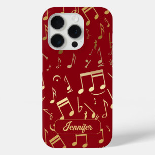 Gouden Muzikale Notities op Dieprode Achtergrond iPhone 15 Pro Case