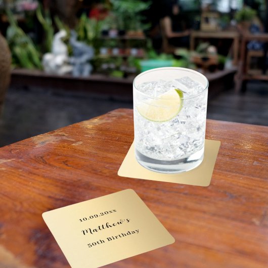 Gouden naam script verjaardag vierkante kartonnen onderzetter