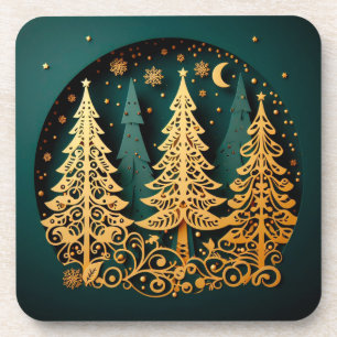 Gouden Nacht Bos – Kerstboom Patroon Bier Onderzetter