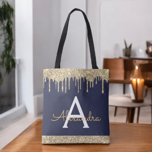 Gouden Navy Blauwe Glitter Elegant Monogram Draagtas