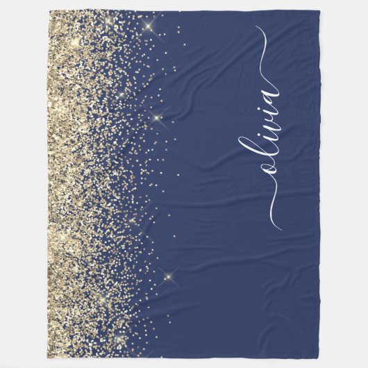 Gouden Navy Blauwe Glitter Script Monogram Meisjes Fleece Deken (Voorkant)