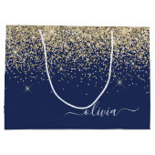 Gouden Navy Blauwe Glitter Script Monogram Meisjes Groot Cadeauzakje (Achterkant)
