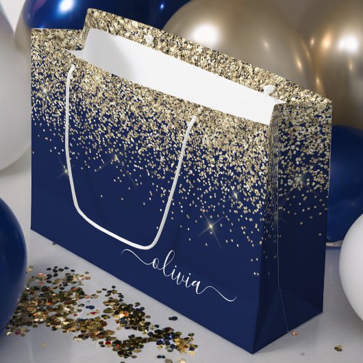 Gouden Navy Blauwe Glitter Script Monogram Meisjes Groot Cadeauzakje