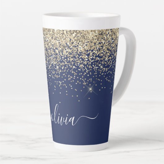 Gouden Navy Blauwe Glitter Script Monogram Meisjes Latte Mok (Rechterhoek)