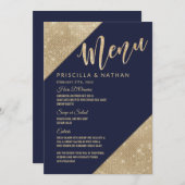 Gouden Navy Blauwe Nep Glitter Lovertjes Bruilofts Menu (Voorkant / Achterkant)