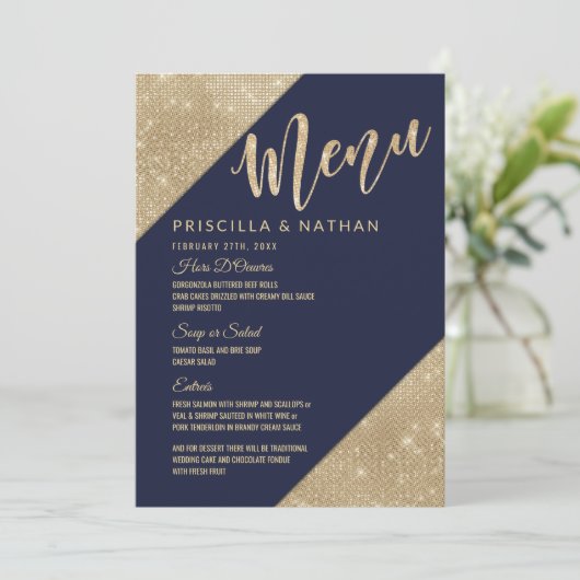 Gouden Navy Blauwe Nep Glitter Lovertjes Bruilofts Menu (Staand voorkant)