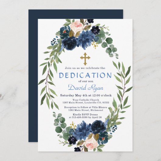 Gouden Navy Blauwe Roze Bloemenkrans Widmung Kaart (Voorkant / Achterkant)