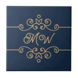 Gouden & Navyblauwe Elegante Bloeiende Monogram Tegeltje
