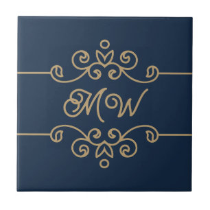 Gouden & Navyblauwe Elegante Bloeiende Monogram Tegeltje
