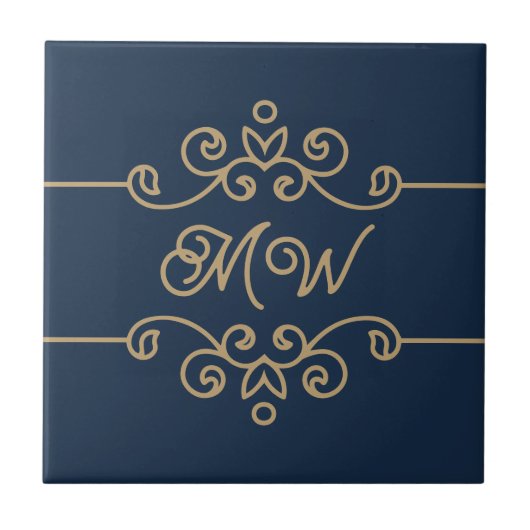 Gouden & Navyblauwe Elegante Bloeiende Monogram Tegeltje (Voorkant)