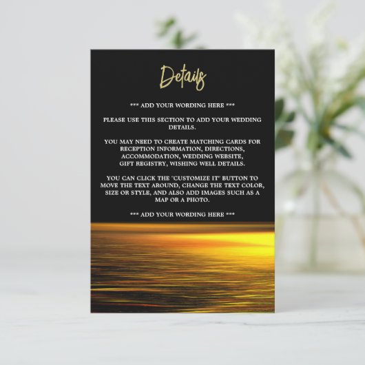 Gouden Oceaan, Elegant Strand Bruiloft Detail Informatiekaartje (Staand voorkant)