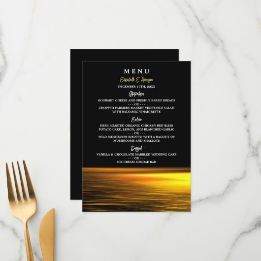 Gouden Oceaan, Elegant Strand Bruiloft Menu (Voorkant / Achterkant in situ)