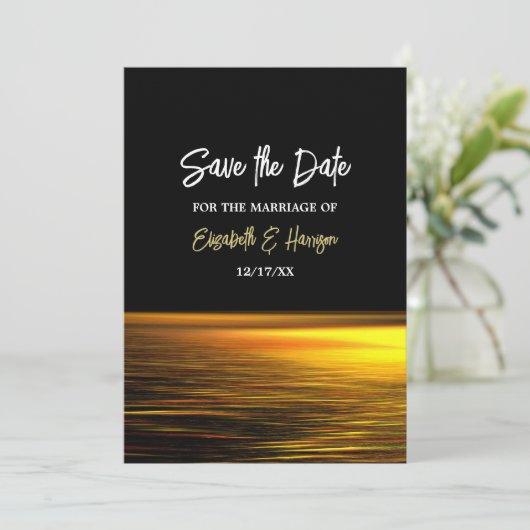 Gouden Oceaan, Elegant Strand Bruiloft Save The Date (Staand voorkant)