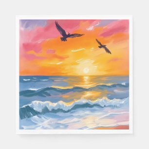 Gouden Oceaan Zonsondergang Aquarel Strand Schilde Servet