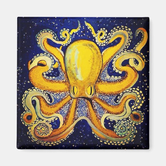 Gouden Octopus in blauw Magneet (Voorkant)