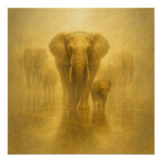 Gouden Olifant en Kalf in een Nevelige Spiegelwere Perfect Poster
