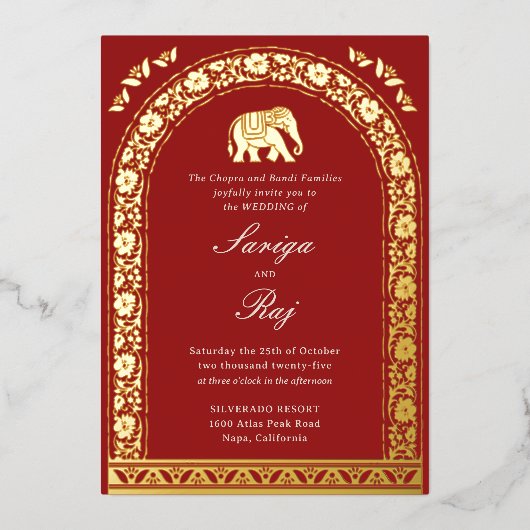 Gouden olifant en lotusbloem Indiase bruiloft Folie Uitnodiging (Voorkant)