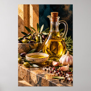 Gouden olijfolie met olijven en knoflook – Rustiek Poster
