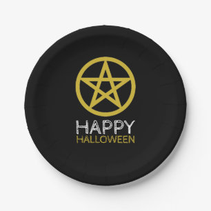 Gouden Omcirkelde Pentagram, Gelukkig Halloween Papieren Bordje