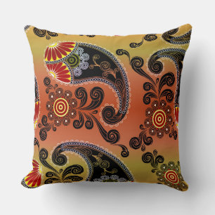 Gouden Oranje en Zwarte Paisley Worp Kussen