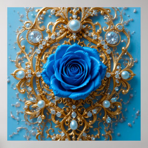 ✨ Gouden ornament blauwe roos parel voor elegante  Poster