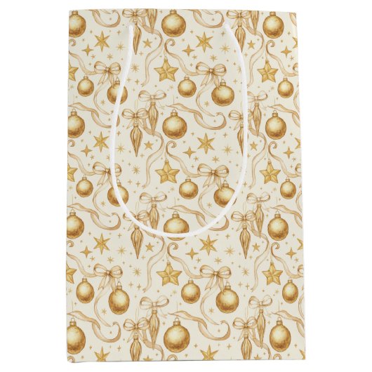 Gouden Ornamenten Bows Kerstvakantie Medium Cadeauzakje (Voorkant)