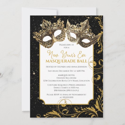 Gouden Oud en Nieuw Masqueradebal Uitnodiging (Voorkant)