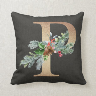 Gouden P-monogram dennenappels en bessen Kerstfami Kussen