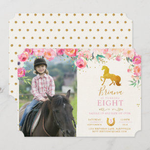 Gouden Paard Met Bloemen Foto Verjaardag Uitnodigi Kaart