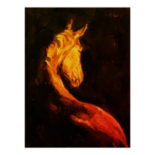 Gouden Paard Olie Schilderij – Donkere Expressieve Perfect Poster