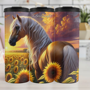 Gouden Paard Zonnebloem Zonsondergang Veld Thermosbeker