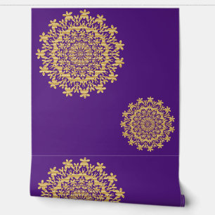 Gouden paarse Bloemen Abstract Mandala Behang