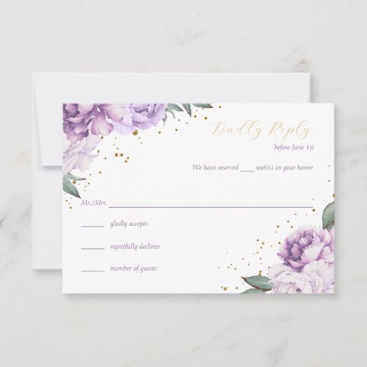 Gouden Paarse Bloemen Quinceañera Verjaardag RSVP Kaart (Voorkant)