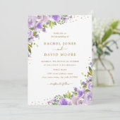 Gouden Paarse Bloemen Waterverf bruiloft Uitnodige Kaart (Staand voorkant)